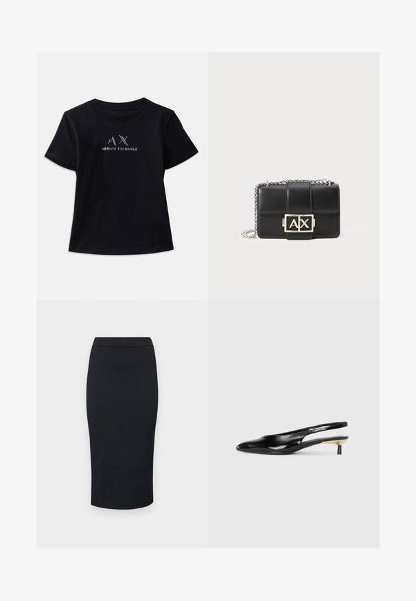 Černé tričko s krátkým rukávem a kulatým výstřihem. Na přední straně se nachází logo "AX" a text "ARMANI EXCHANGE" v kontrastní bílé barvě a kovových akcentem. Měkká látka.; Armani Exchange GONNA - Pouzdrová sukně - black; Černé slingback lodičky s špičatou špičkou, lesklým koženým povrchem a malým podpatkem se zlatým akcentem. Elegantní design s otevřenou zadní částí.; Černá kožená kabelka s prošívaným designem, stříbrným řetízkem a výrazným stříbrným logem "AX" na přední straně. Kompaktní obdélníkový tvar.