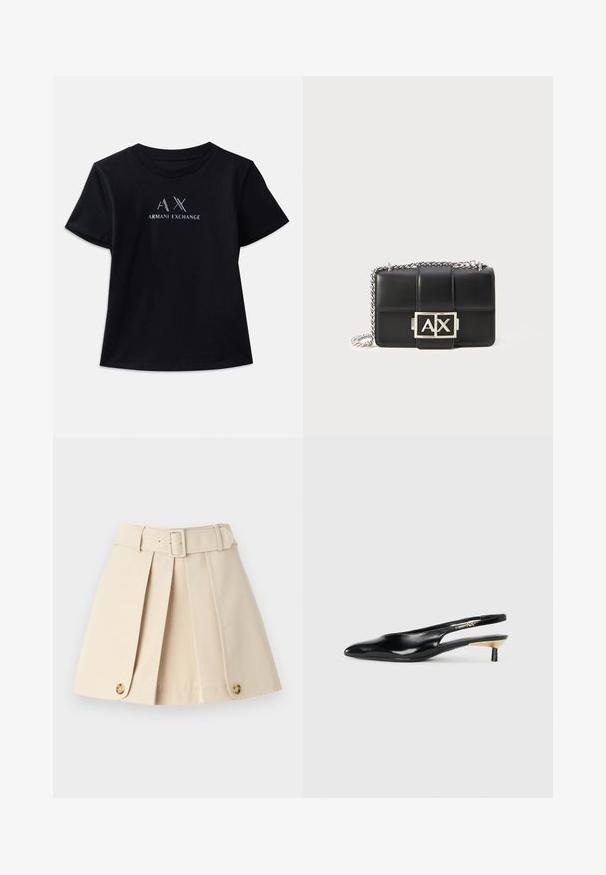 Svart kortärmad t-shirt med rund hals. Har "AX"-logga och "ARMANI EXCHANGE"-text i kontrasterande vitt och metalliska detaljer. Mjuk tyg.; Beige veckad kjol med en åtsittande midja, breda bältesöglor och knappar som dekorationer i fållen. Tillverkad av ett jämnt, lätt tyg.; Svart slingback-pump med spetsig tå, glansigt läderfinish och en liten klack med guldaccent. Snygg design med öppen bak.; Svart läderhandväska med quiltat mönster, silverkedjesnor och en framträdande silver "AX"-logotyp på framsidan. Kompakt rektangulär form.