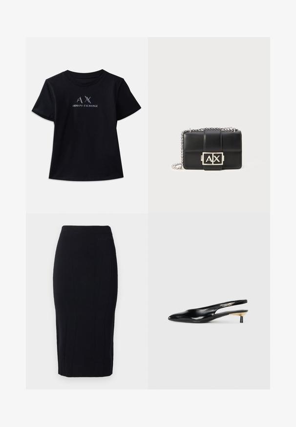Črna kratkoperemna majica z okroglim izrezom. Vsebuje logotip "AX" in napis "ARMANI EXCHANGE" v kontrastnih belih in kovinskih odtenkih. Mehka tkanina.; Črna svila krilo iz teksturirane tkanine, s pokončnimi šivi in prilegnjeno silhueto. Diskretno označevanje na pasu.; Črne slingback pumpe z ozkim nosom, sijočim usnjem in majhno peto z zlatim akcentom. Elegantna zasnova z odprtim zadnjim delom.; Črna usnjena torbica s kviltanim dizajnom, srebrnim verižnim trakom in izstopajočim srebrnim logotipom "AX" na sprednji strani. Kompaktna pravokotna oblika.