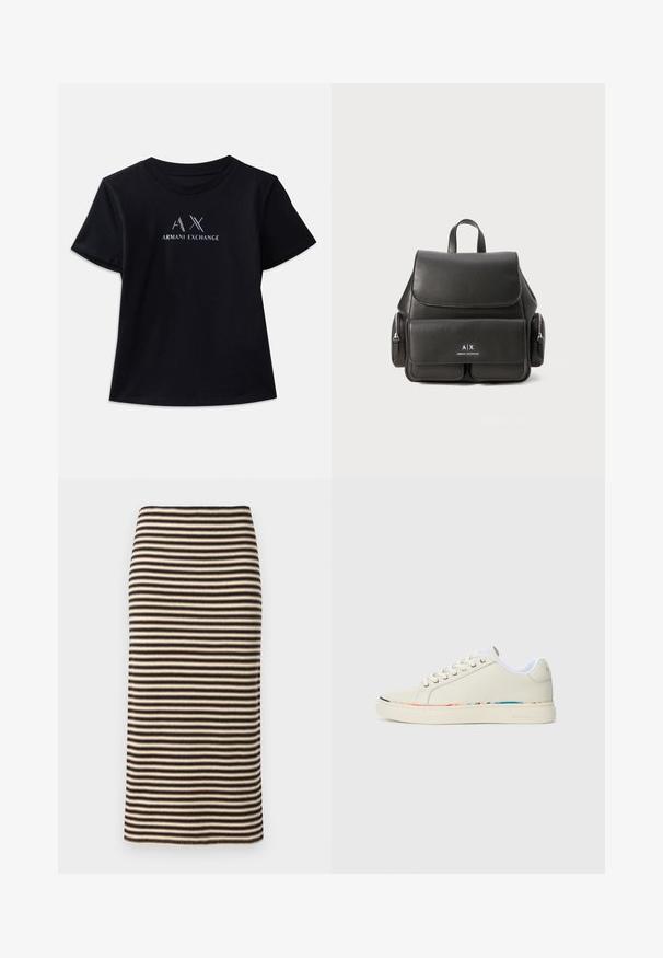 Svart kortermet t-skjorte med rund hals. Har "AX" logo og "ARMANI EXCHANGE" tekst i kontrastfarger i hvitt og metalliske aksenter. Myk stoff.; Strikket blyantskjørt med horisontale svarte og beige striper, med en kroppsnær silhuett og en jevn tekstur. Sømmen er rett og ren.; Off-white lav top sneaker med snøring, hvit innvendig fôr og subtilt flerfarget trim langs sålekanten, sidevisning.; Svart skinnryggsekk med klafflukkning, frontlomme, sidelommer med glidelås og et håndtak på toppen. Har logo-detaljer på forsiden.