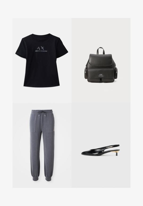 Zwarte t-shirt met korte mouwen en ronde hals. Voorzien van het 'AX'-logo en de tekst 'ARMANI EXCHANGE' in contrasterend wit en metallic accenten. Zachte stof.; Grijze joggingbroek van zacht materiaal, met een elastische tailleband met trekkoord, twee zijzakken en taps toelopende boorden bij de enkels.; Zwarte slingback pump met een spitse neus, glanzende leren afwerking en een kleine hak met een gouden accent. Strak ontwerp met een open achterkant.; Zwarte leren rugzak met een klepsluiting, voorvak, zijvak met ritssluitingen en een handvat aan de bovenkant. Met logo-details aan de voorkant.