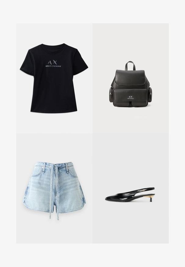 Crna majica kratkih rukava s okruglim izrezom. Sadrži "AX" logo i tekst "ARMANI EXCHANGE" u kontrastnoj bijeloj boji s metalnim naglascima. Mekana tkanina.; Svijetloplave traper šortse s pojasom na vezanje, pet džepova i sirovim rubovima. Tkanina ima istrošenu teksturu.; Crna slingback štikla s oštrim vrhom, sjajnom kožnom završnom obradom i malom petom s zlatnim naglaskom. Elegantan dizajn s otvorenom stražnjom stranom.; Crna kožna ruksak s preklopom, prednjim džepom, bočnim odjeljcima s patentnim zatvaračem i gornjom ručkom. Ima detalje s logotipom sprijeda.