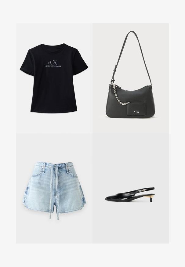 Svart kortermet t-skjorte med rund hals. Har "AX" logo og "ARMANI EXCHANGE" tekst i kontrastfarger i hvitt og metalliske aksenter. Myk stoff.; Lyseblå denimshorts med snøring i midjen, fem lommer og rå kanter. Stoffet har en slitt tekstur.; Sorte slingback pumps med spiss tå, glanset skinnfinish og en liten hæl med gullakcent. Elegant design med åpen bak.; Svart lær skulderveske med teksturert overflate, glidelås lukking og sølvkjede aksent. Har en frontlomme med logo detalj.