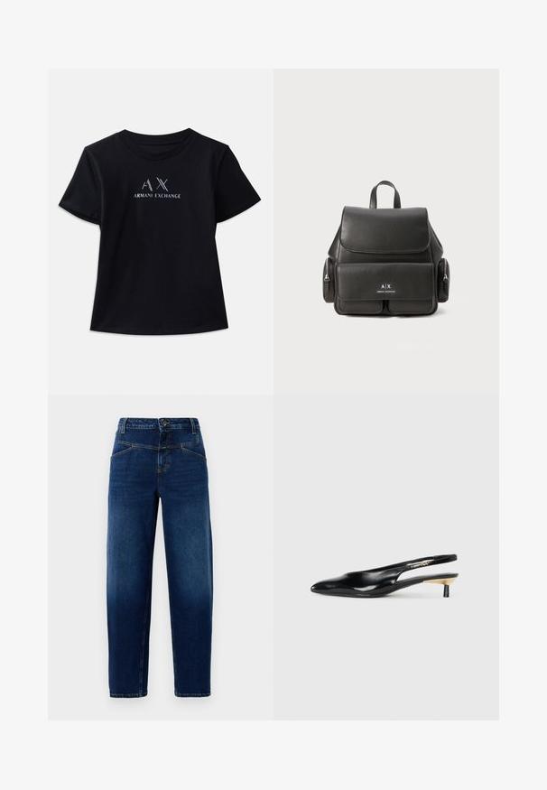 Melna krekla ar īsām piedurknēm un apaļu kakla izgriezumu. Iespējojams "AX" logotips un "ARMANI EXCHANGE" teksts kontrastējošā baltā krāsā ar metāliskām akcentiem. Mīksta auduma.; Tumši zila džinsa auduma bikses ar taisnu kāju dizainu, pieciem kabatām, augšējo pogu aizdari un oranžiem diegu akcents.; Melnas slingback pump kurpes ar smailu purngalu, spīdīgu ādas apdari un mazu papēdi ar zelta akcentu. Elegants dizains ar atvērtu aizmuguri.; Melna ādas mugursoma ar atloku aizdari, priekšējo kabatu, sānu rāvējslēdzēju nodalījumus un augšējo rokturi. Iezīmēta ar logo detaļām priekšpusē.