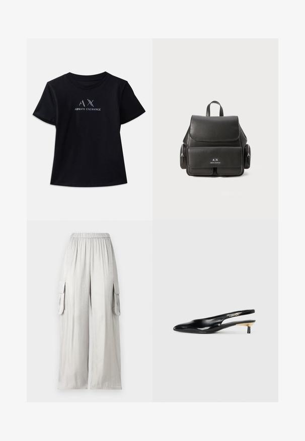 Melna krekla ar īsām piedurknēm un apaļu kakla izgriezumu. Iespējojams "AX" logotips un "ARMANI EXCHANGE" teksts kontrastējošā baltā krāsā ar metāliskām akcentiem. Mīksta auduma.; Gaiši pelēka platā kāja bikses no gludas auduma, ar elastīgu jostu un divām sānu kabatām.; Melnas slingback pump kurpes ar smailu purngalu, spīdīgu ādas apdari un mazu papēdi ar zelta akcentu. Elegants dizains ar atvērtu aizmuguri.; Melna ādas mugursoma ar atloku aizdari, priekšējo kabatu, sānu rāvējslēdzēju nodalījumus un augšējo rokturi. Iezīmēta ar logo detaļām priekšpusē.