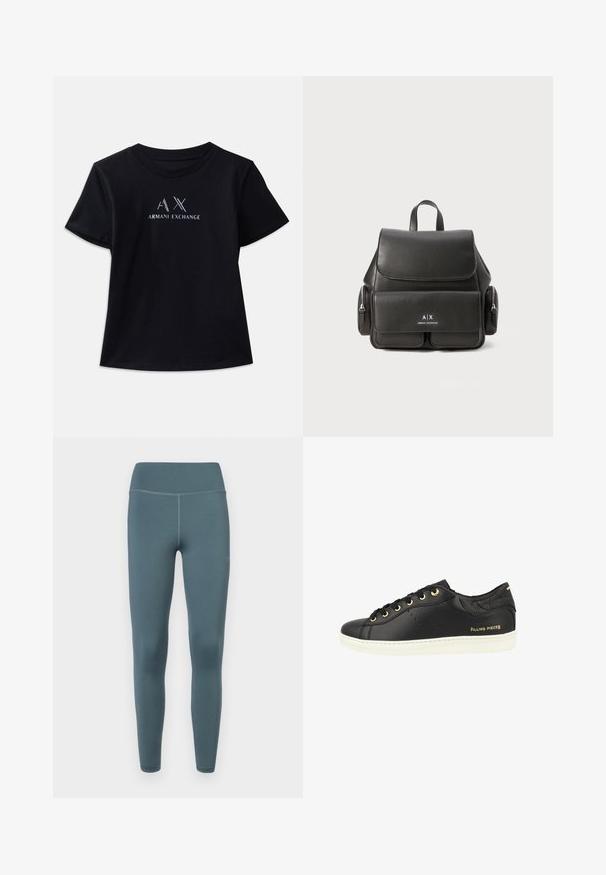 T-shirt nera a maniche corte con collo rotondo. Presenta il logo "AX" e la scritta "ARMANI EXCHANGE" in bianco a contrasto e accenti metallici. Tessuto morbido.; 7 DAYS Active SIGNATURE TIGHTS - Leggings - stormy weather; Sneaker in pelle nera con occhielli dorati, suola in gomma bianca, retro nero testurizzato e dettagli perforati sul lato. Logo del marchio in evidenza.; Zaino in pelle nera con chiusura a pattina, tasca frontale, scomparti laterali con cerniera e manico superiore. Presenta dettagli con logo sul fronte.