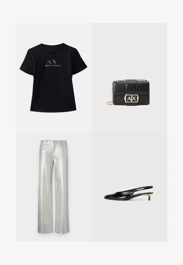 Musta lyhythihainen t-paita, jossa on pyöreä kaula-aukko. Sisältää "AX"-logon ja "ARMANI EXCHANGE" -tekstin kontrastivalkoisilla ja metallinhohtoisilla yksityiskohdilla. Pehmeä kangas.; Housut leveällä lahkeella, valmistettu metallinkaltaisesta kankaasta. Ominaisuuksiin kuuluvat kaksi etutaskua ja vetoketju. Tasainen pinta ja kiiltävä viimeistely.; Mustikka slingback-kengät, joissa on terävä kärki, kiiltävä nahkapinta ja pieni korko, jossa on kultainen yksityiskohta. Tyylikäs muotoilu avoimella takana.; Mustat nahkasalkut, joissa on tikattu malli, hopeaketjusovite ja näkyvä hopeinen "AX"-logo edessä. Kompakti suorakulmainen muoto.