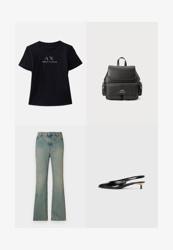 Melna krekla ar īsām piedurknēm un apaļu kakla izgriezumu. Iespējojams "AX" logotips un "ARMANI EXCHANGE" teksts kontrastējošā baltā krāsā ar metāliskām akcentiem. Mīksta auduma.; Gai zila denima platās bikses ar augstu jostasvietu, piecām kabatām un rāvējslēdzi. Tīra, izbalējusi apdare ar smalkiem šuvumiem.; Melnas slingback pump kurpes ar smailu purngalu, spīdīgu ādas apdari un mazu papēdi ar zelta akcentu. Elegants dizains ar atvērtu aizmuguri.; Melna ādas mugursoma ar atloku aizdari, priekšējo kabatu, sānu rāvējslēdzēju nodalījumus un augšējo rokturi. Iezīmēta ar logo detaļām priekšpusē.