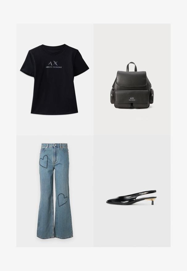 Fekete, rövid ujjú póló, kerek nyakkivágással. Az "AX" logó és az "ARMANI EXCHANGE" felirat kontrasztos fehér és fémszínekben található. Puha anyagból készült.; Világoskék farmer szárú, harang alakú nadrág, elülső részen két sötétkék szívfolttal. Klasszikus ötpocket dizájn gombos zárással.; Fekete slingback pump, hegyes orral, fényes bőr felülettel és kis sarokkal, arany kiegészítéssel. Elegáns kialakítás nyitott háttal.; Fekete bőr hátizsák, fedéllal záródik, elülső zsebbel, oldalsó cipzáras rekeszekkel és felső fogantyúval rendelkezik. Az elején logó részletezéssel.