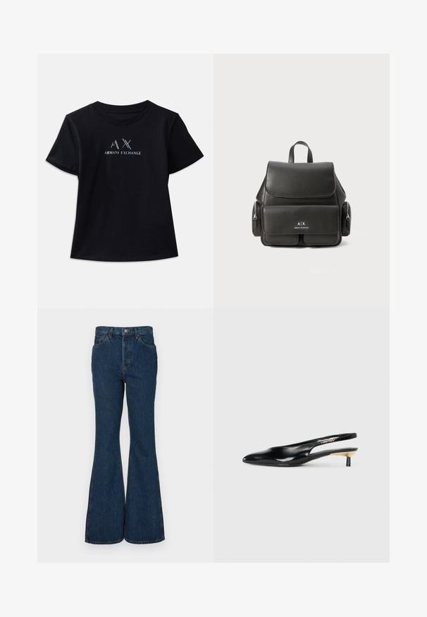 Black short-sleeve t-shirt with crew neck. Features "AX" logo and "ARMANI EXCHANGE" text in contrasting white and metallic accents. Soft fabric.; Dark blue flared jeans made of denim. Features high waist, five pockets, and contrast stitching. Smooth texture and clean finish.; Black slingback pump with a pointed toe, glossy leather finish, and a small heel with a gold accent. Sleek design with a open back.; Black leather backpack with a flap closure, front pocket, side zipper compartments, and a top handle. Features logo detailing at the front.