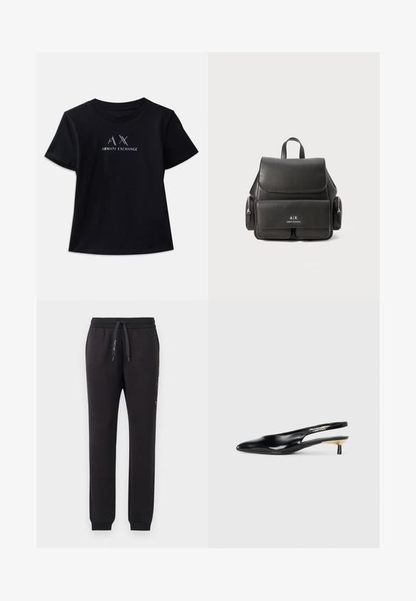 Černé tričko s krátkým rukávem a kulatým výstřihem. Na přední straně se nachází logo "AX" a text "ARMANI EXCHANGE" v kontrastní bílé barvě a kovových akcentem. Měkká látka.; Černé tepláky vyrobené z měkké bavlny s elastickým pasem a stahovací šňůrkou. Mají žebrované manžety a vyšívaný text na boku.; Černé slingback lodičky s špičatou špičkou, lesklým koženým povrchem a malým podpatkem se zlatým akcentem. Elegantní design s otevřenou zadní částí.; Černý kožený batoh s klopou, přední kapsou, bočními zipovými přihrádkami a horní rukojetí. Na přední straně je umístěno logo.