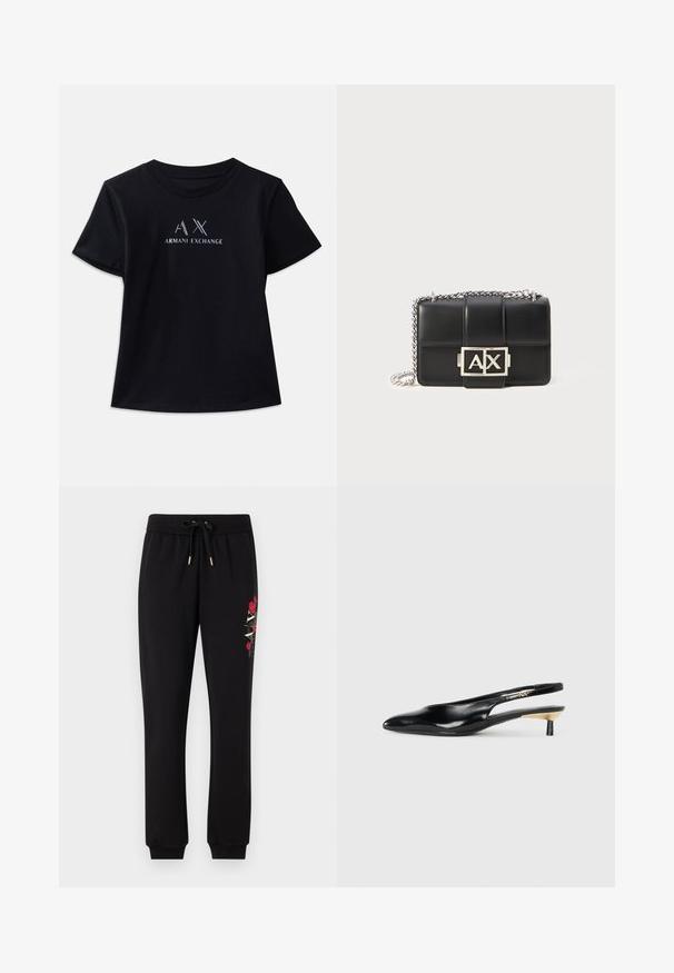 Melna krekla ar īsām piedurknēm un apaļu kakla izgriezumu. Iespējojams "AX" logotips un "ARMANI EXCHANGE" teksts kontrastējošā baltā krāsā ar metāliskām akcentiem. Mīksta auduma.; Melni sporta bikses no mīkstas auduma, ar regulējamu jostasvietu ar auklu un ziedu rakstu akcentiem sānos.; Melnas slingback pump kurpes ar smailu purngalu, spīdīgu ādas apdari un mazu papēdi ar zelta akcentu. Elegants dizains ar atvērtu aizmuguri.; Melnas ādas rokassomu ar quiltēta dizaina, sudraba ķēdes siksnu un izteiksmīgu sudraba "AX" logotipu priekšpusē. Kompaktā taisnstūra forma.