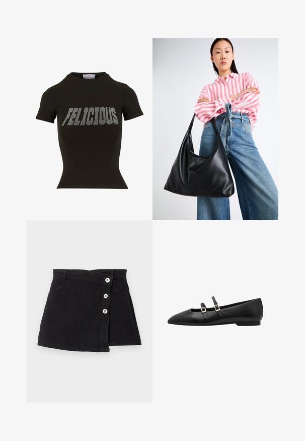 Musta lühikeste varrukatega T-särk, mis on valmistatud puuvillast, sobib kehakujule ja esiküljel on hõbedast kristallidest tekst, mis ütleb "FELICIOUS".; Must mustriga seelik kõrge vöökoht, millel on mähise kujundus, viis hõbedast nuppu ühel küljel ja kaks küljetaskut. Sile tekstuur.; Must musta plaadiga king, millel on terav nina, kahe musta rihmaga ja kuldsete ruudukujuliste kinnitustega. Sile tekstuur ja madala profiiliga tala.; Must musta õlakott lahtise kuju ja õmbluse detailidega. Mudel kannab roosa ja valge triibulist särki koos laia jalgadega siniste teksadega.