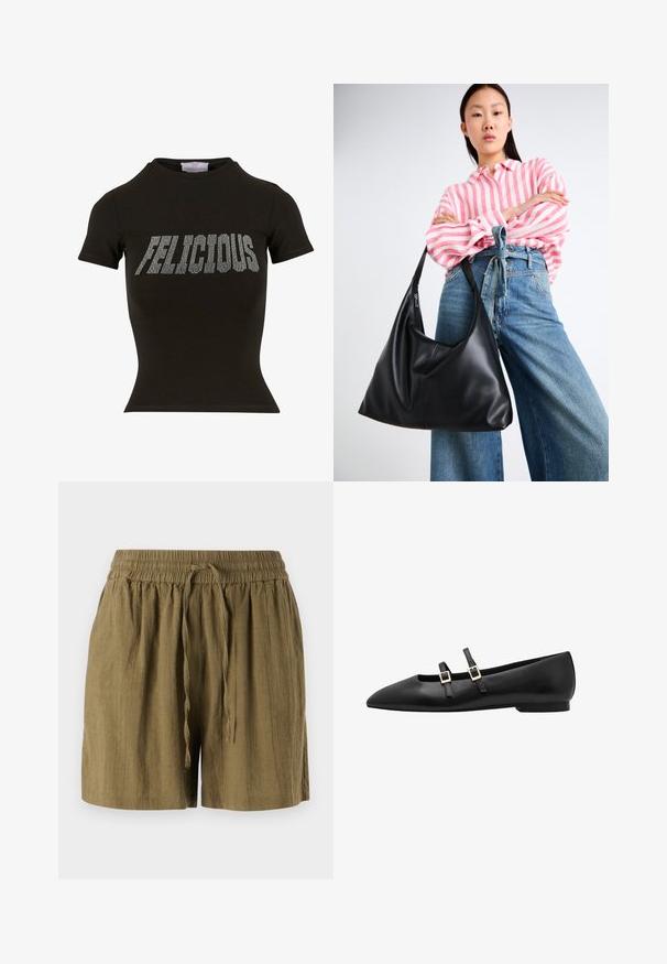 Black short-sleeve t-shirt made of cotton, featuring a fitted design and silver rhinestone text spelling "FELICIOUS" across the front.; Olive green pull-on shorts made of lightweight fabric, featuring an elastic waistband and drawstring, with a relaxed, loose fit.; Black leather flat shoe with a pointed toe, featuring two black straps and gold square buckles. Smooth texture and low-profile sole.; Black leather shoulder bag with a slouchy shape and seam details. Model wears a pink and white striped shirt with wide-leg blue jeans.