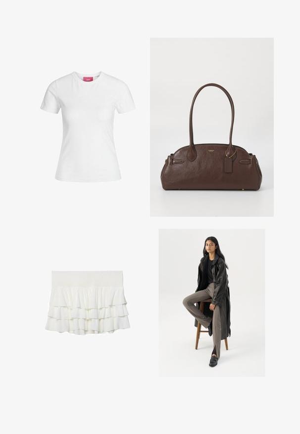 Bílý bavlněný tričko s krátkým rukávem a kulatým výstřihem. Obsahuje růžovou etiketu na vnitřní straně límce. Hladká textura.; Světle růžová košile s dlouhým rukávem, knoflíkovým zapínáním, s vertikálními černými pruhy, klasickým límečkem a manžetami. Měkká látka s hladkým povrchem.; Bílá sukně s vrstvenými volány a gumičkovým pasem, vyrobená z lehkého, texturovaného materiálu a s rozšířeným střihem.; Černý kožený trenčkota s knoflíky a detailem pásku, kombinovaný s světle hnědými úzkými kalhotami a černými mokasínami, sedící na dřevěném stoličce.; Hnědá kožená kabelka s hladkým povrchem, zaobleným tvarem a dvojitými uchy. Obsahuje zlaté logo a malou přívěšek.