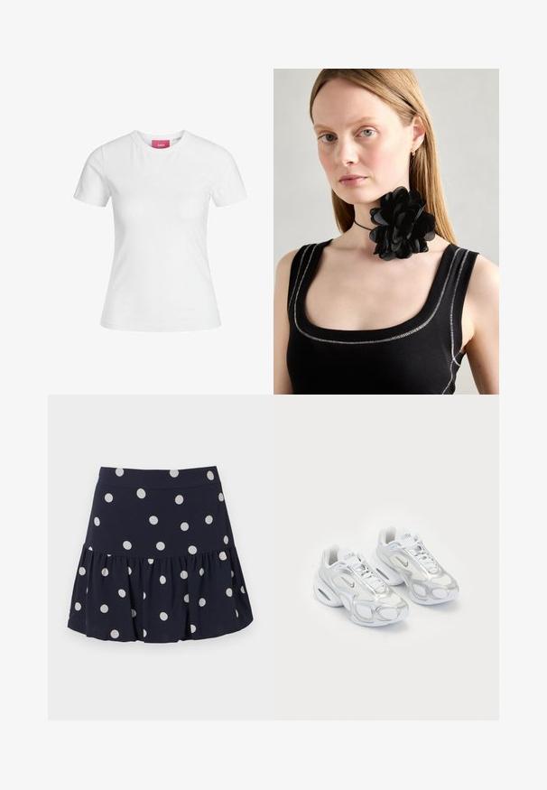 Fehér pamut póló rövid ujjakkal és kerek nyakkivágással. Belső nyakán rózsaszín címke található. Simogatós állagú.; Sötétkék korcsolyázó szoknya könnyű anyagból készült, fodros aljjal. Nagy fehér pöttyökkel rendelkezik és rugalmas derékpántja van.; Fehér sportcipők hálós felsőrésszel, ezüst részletekkel, különleges formával és lég párnázással a sarkában. Fűzős dizájn logóval.; Fekete virág choker nyakörv, rétegelt szirmokból készült, fekete bordázott ujjatlan top mellett viselve, ezüst díszítéssel a nyakvonal mentén és a vállakon.