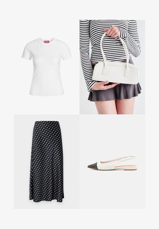 White cotton t-shirt with short sleeves and a round neckline. Features a pink label on the inner neck. Smooth texture.; Navy blue polka dot skirt featuring a smooth, flowing fabric, mid-length design, and high waist with a side slit detail.; Slingback flats with a textured white upper and a black pointed toe. Features a flat sole and side cutouts for breathability.; White crocodile-embossed handbag with two handles, rectangular shape, and zipper closure. Displayed against a light background.