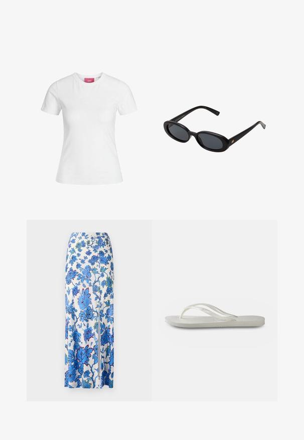 Balta medvilninė marškinė su trumpomis rankovėmis ir apvaliu iškirpimu. Vidiniame kakle yra rožinė etikete. Lygi tekstūra.; Maxi sijonas iš baltos medžiagos su mėlynais gėlių raštais. Turi šoninę išpjovą ir sklandžią, lengvą tekstūrą.; Balti šlepetės su tekstūruota padu, turinčios plonas juosteles ir plokščią konstrukciją. Pagamintos iš gumos, su subtiliu logotipu ant pado.; Juodos didelės saulės akinių su ovaliais objektyvais, lygia plastiko rėmeliu ir aukso akcentais ant šventyklos. Tamsūs objektyvai suteikia apsaugą nuo saulės.