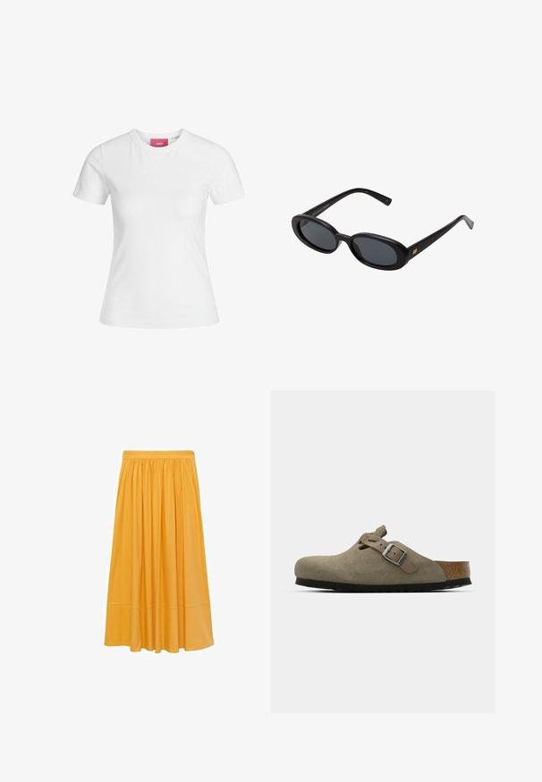 Tricou alb din bumbac, cu mâneci scurte și decolteu rotund. Prezintă o etichetă roz pe gulerul interior. Textură netedă.; Fustă midi de culoare muștar, realizată dintr-un material ușor, cu talie strânsă și o siluetă fluidă, având o textură netedă și un luciu subtil.; Saboturi din suede de culoare verde măsliniu deschis, cu o talpă din plută și cauciuc modelată. Au o curea laterală cu o cataramă metalică și un vârf rotund.; Ochelari de soare supradimensionați, cu lentile ovale, cadru din plastic neted și accente aurii pe brațe. Lentilele întunecate oferă protecție solară.; Geantă din paie împletită cu accente din piele maro, două mânere și curea detașabilă. Formă curbată cu o bază robustă.