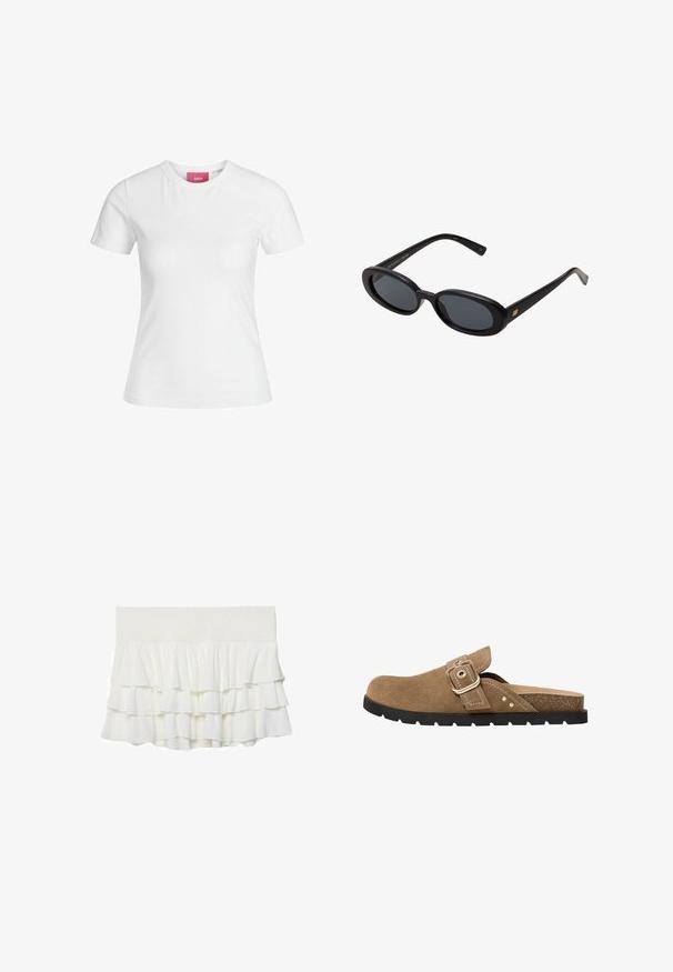 T-shirt en coton blanc à manches courtes et encolure ronde. Présente une étiquette rose sur le col intérieur. Texture lisse.; Jupe blanche à volants superposés avec une taille smockée, présentant un tissu léger et texturé ainsi qu'une coupe évasée.; Sandale en daim brun à bout arrondi, avec une bride à boucle ajustable et une semelle intérieure texturée. Présente une semelle en caoutchouc noir avec des nervures.; Lunettes de soleil noires surdimensionnées avec des verres ovoïdes, monture en plastique lisse et accents dorés sur les tempes. Les verres sombres offrent une protection contre le soleil.