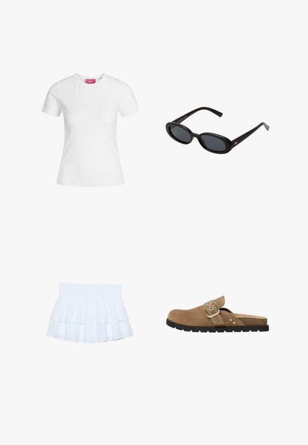 Witte katoenen t-shirt met korte mouwen en een ronde hals. Bevat een roze label aan de binnenkant van de hals. Soepele textuur.; Witte gelaagde rok van geborduurd katoen met een smockband. Bevat gelaagde ruches en gaatjespatronen door het geheel.; Bruine suède instapsandalen met een ronde neus, verstelbare gesp en een textuur in de binnenzool. Heeft een zwarte rubberen zool met ribbels.; Zwarte oversized zonnebril met ovale lenzen, een glad plastic montuur en gouden accenten op de pootjes. Donkere lenzen bieden bescherming tegen de zon.
