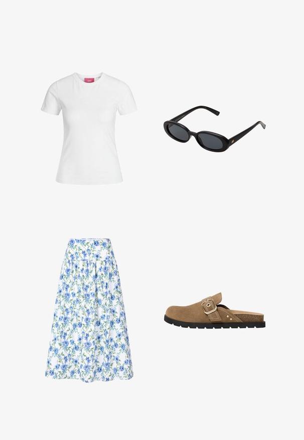 Weißes Baumwoll-T-Shirt mit kurzen Ärmeln und einem runden Ausschnitt. Verfügt über ein pinkes Etikett am inneren Hals. Glatte Textur.; Blumiger Rock mit weißem Hintergrund, blauen Blumen und grünen Blättern, strukturierter Taille und gerafftem Design für Fülle.; Braune Wildleder-Slidesandale mit abgerundetem Zehenbereich, verstellbarem Riemen mit Schnalle und strukturiertem Fußbett. Besitzt eine schwarze Gummisohle mit Rillen.; Schwarze, oversized Sonnenbrillen mit ovalen Gläsern, glattem Kunststoffrahmen und goldenen Akzenten an den Bügeln. Die dunklen Gläser bieten Sonnenschutz.