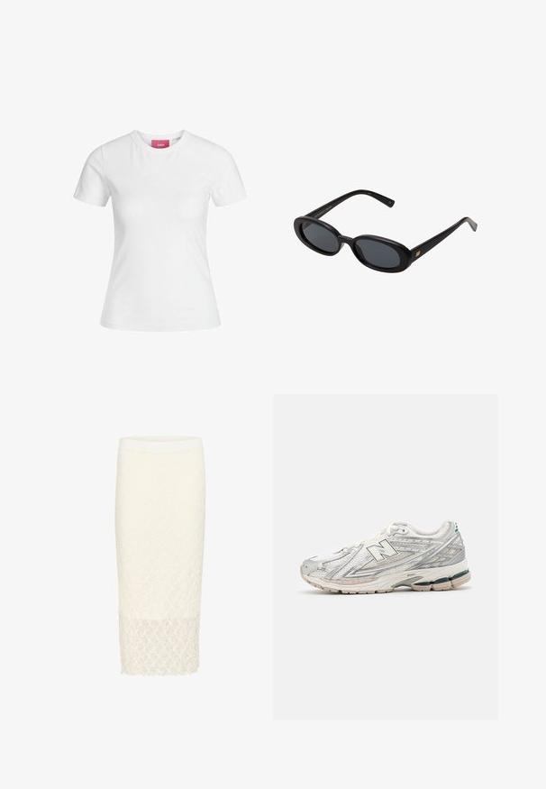 T-shirt en coton blanc à manches courtes et encolure ronde. Présente une étiquette rose sur le col intérieur. Texture lisse.; Jupe crayon en dentelle blanche avec un motif floral texturé, dotée d'une coupe mi-genou et d'une taille unie. Fini lisse au niveau de l'ourlet.; La chaussure de course présente une tige en mesh argentée et blanche avec un accent vert. La semelle est épaisse et texturée, conçue pour l'amortissement et le soutien.; Lunettes de soleil noires surdimensionnées avec des verres ovoïdes, monture en plastique lisse et accents dorés sur les tempes. Les verres sombres offrent une protection contre le soleil.; Sac à main en cuir rouge avec un design angulaire et géométrique. Il dispose d'une seule sangle ajustable et d'une fermeture à rabat avec un detailing cousu.