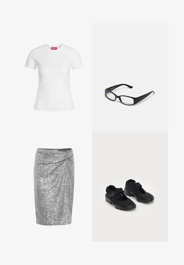 Camiseta blanca de algodón con mangas cortas y cuello redondo. Cuenta con una etiqueta rosa en el interior del cuello. Textura suave.; Falda mini plateada con lentejuelas y diseño envolvente, que presenta una textura suave y una silueta ajustada. Decorada con lentejuelas brillantes.; Zapatos de agua negros hechos de tela flexible con una correa de Velcro, que presentan un diseño único de dedo dividido y una suela de goma texturizada para mayor agarre.; Gafas rectangulares negras con lentes transparentes. Acabado brillante, varillas estrechas y tinte púrpura visible en los bordes de los lentes.