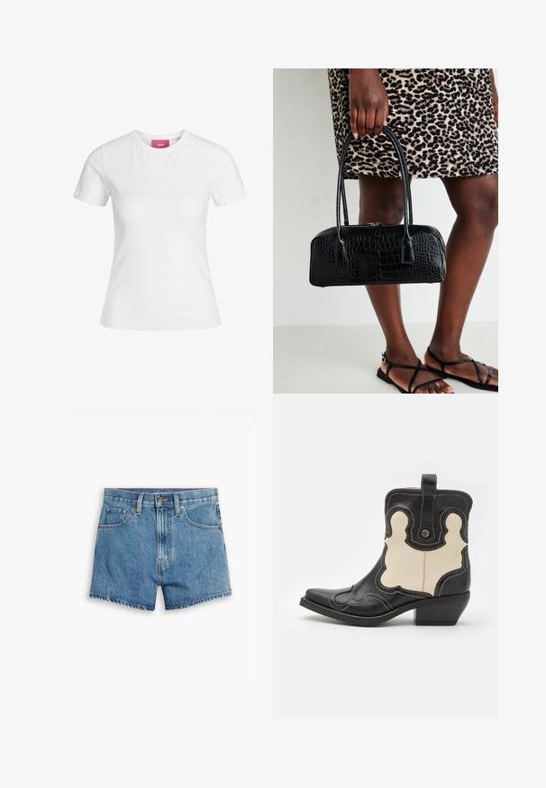 T-shirt en coton blanc à manches courtes et encolure ronde. Présente une étiquette rose sur le col intérieur. Texture lisse.; Shorts en denim bleu clair, comportant cinq poches, un zip et un bouton de fermeture. L'ourlet est effiloché, avec une coupe décontractée.; Botte de cowboy en cuir noir et crème avec des coutures blanches, bout pointu, motifs courbés et un petit talon empilé. Sangle à l'arrière.; Sac à main noir en cuir texturé crocodile avec deux poignées et une fermeture éclair. Le sac a une forme rectangulaire et un fini brillant.