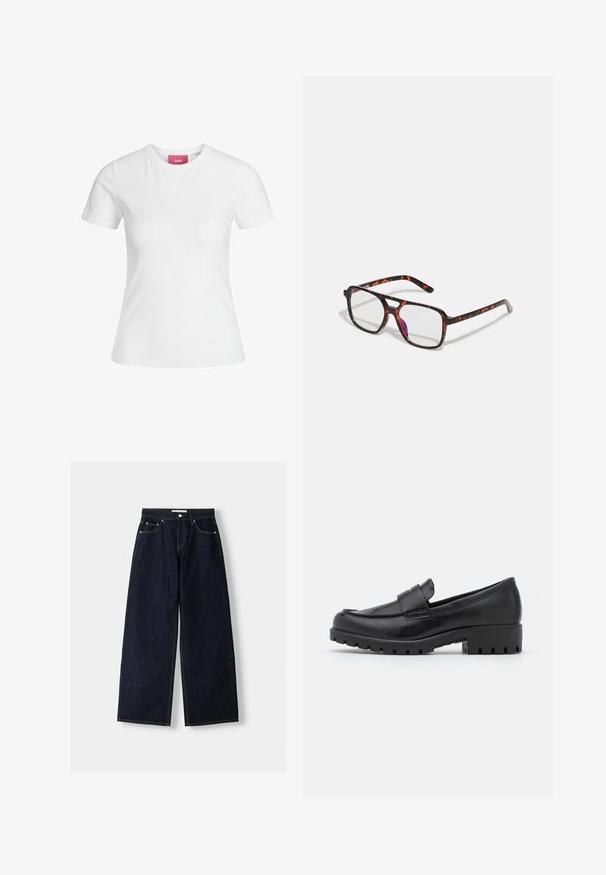 T-shirt bianco in cotone con maniche corte e collo rotondo. Presenta un'etichetta rosa all'interno del collo. Texture liscia.; Jeans a gamba larga in denim blu scuro con vita alta, cinque tasche, cuciture a contrasto e hardware in metallo argentato. Texture liscia e finitura pulita.; Mocassini in pelle nera con punta rotonda, dettaglio cucito e suola in gomma spessa con battistrada visibile. Superficie liscia.; Occhiali tartarugati con lenti rettangolari, montatura nera e arancione, caratterizzati da una finitura lucida e aste sottili.