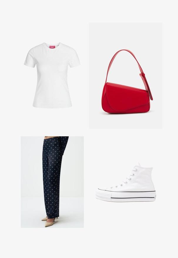 Witte katoenen t-shirt met korte mouwen en een ronde hals. Bevat een roze label aan de binnenkant van de hals. Soepele textuur.; Marineblauwe broeken met een gladde textuur, voorzien van een geometrisch patroon in lichte kleuren. Gekleed met nude high heels.; Witte high-top canvas sneakers met een zwarte rubberen zool, een rubberen neuskap aan de voorkant en zes gaatjes voor veters, met een schone, minimalistische uitstraling.; Rode leren handtas met een hoekig, geometrisch ontwerp. Beschikt over een enkele verstelbare schouderriem en een klepclosure met gestikte details.
