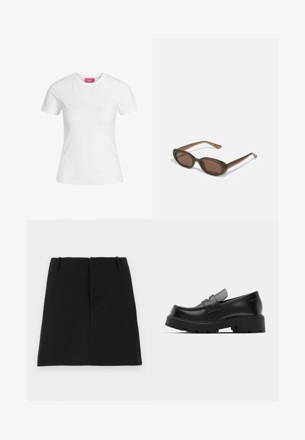 Witte katoenen t-shirt met korte mouwen en een ronde hals. Bevat een roze label aan de binnenkant van de hals. Soepele textuur.; Zwarte mini-jurk met een aansluitend ontwerp, voorzien van twee voorzakken en een rechte zoom. Gemaakt van gladde stof zonder zichtbare patronen.; Zwarte leren instappers met een chunky, gestructureerde zool, voorzien van een band over de voet en een gladde, gepolijste afwerking.; Brown ovalen zonnebrillen met donkere lenzen. Het montuur is gemaakt van doorzichtig bruin materiaal en heeft een logo dat op de slapen is gedrukt.; Zilveren roestvrijstalen quartzhorloge met een zwart rechthoekig uurwerk, voorzien van analoge wijzers, digitale weergave en het label voor waterbestendigheid.
