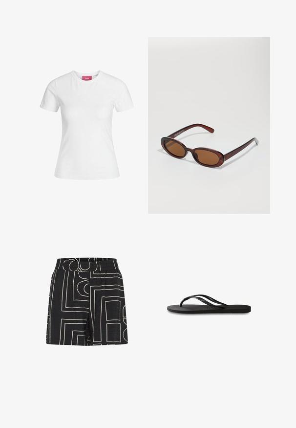 Bijela pamučna majica s kratkim rukavima i okruglim izrezom. Ima ružičastu oznaku na unutarnjoj strani ovratnika. Glatka tekstura.; Crne kratke hlače s naboranom teksturom, ukrašene geometrijskim krem uzorkom. Elastična sredina za udobnost i opušteni kroj.; Crne japanke s teksturiranom gumenenom potplatom, dva uska remena i suptilnim, urezanim logom na remenu.; Okvir okruglih, smeđkastih sunčanih naočala s sjajnim burgundskim okvirom. Uski nositelji s suptilnim brendiranjem. Ravna leća.; Mango Velika torba - dark brown