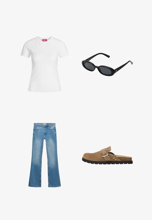 Weißes Baumwoll-T-Shirt mit kurzen Ärmeln und einem runden Ausschnitt. Verfügt über ein pinkes Etikett am inneren Hals. Glatte Textur.; Hellblaue, ausgestellte Jeans aus Denim mit einem abgewetzten Finish. Besitzt eine hohe Taille, frontale Taschen und einen rohen Saum am Ende.; Braune Wildleder-Slidesandale mit abgerundetem Zehenbereich, verstellbarem Riemen mit Schnalle und strukturiertem Fußbett. Besitzt eine schwarze Gummisohle mit Rillen.; Schwarze, oversized Sonnenbrillen mit ovalen Gläsern, glattem Kunststoffrahmen und goldenen Akzenten an den Bügeln. Die dunklen Gläser bieten Sonnenschutz.