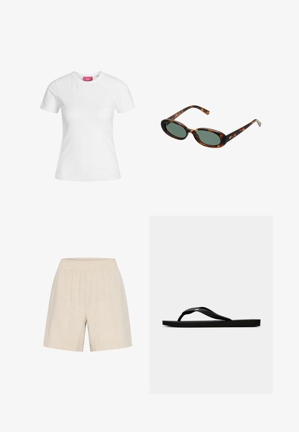 Fehér pamut póló rövid ujjakkal és kerek nyakkivágással. Belső nyakán rózsaszín címke található. Simogatós állagú.; Beige vászon sort elasztikus derékkal, laza illeszkedéssel és sima textúrával, a kényelem és légáteresztő képesség érdekében tervezve.; Fekete gumipapucs, textúrált pánttal és egyszerű lapos talppal, oldalnézetből, világos háttér előtt.; Tortojásmintás napszemüveg ovális kerettel és zöld lencsékkel. Vékony szárakkal rendelkezik, fémes kiegészítővel a csuklók közelében.