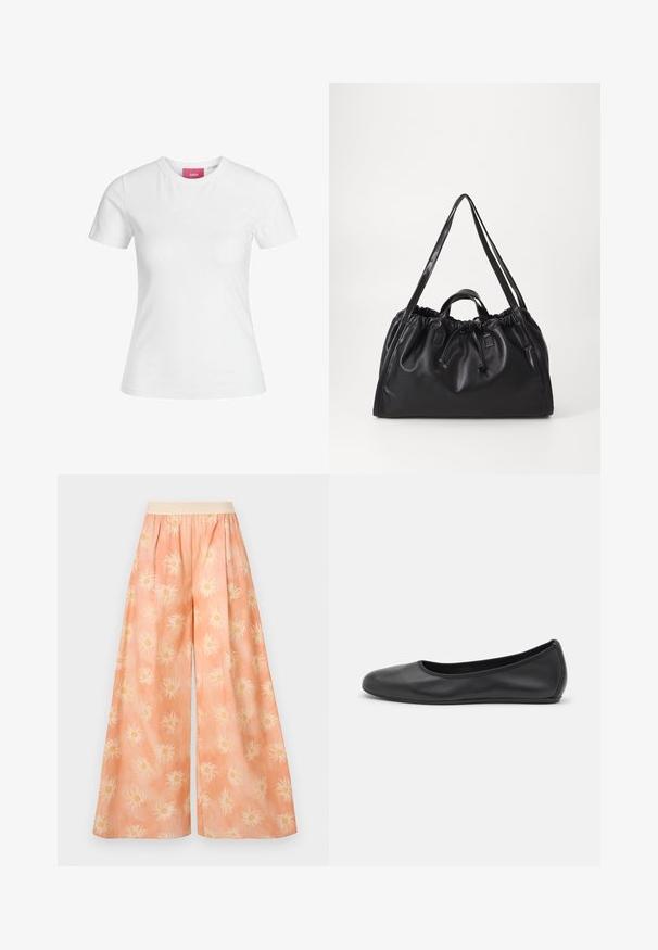 T-shirt en coton blanc à manches courtes et encolure ronde. Présente une étiquette rose sur le col intérieur. Texture lisse.; Pantalons évasés en tissu pêche clair ornés d'un motif de soleil blanc avec des centres jaunes, une taille élastique et une texture douce.; Ballerines en cuir noir avec un bout rond, texture lisse, détails de couture minimalistes et design de semelle flexible.; Sac en cuir noir avec un haut froncé, fermeture à cordon, poignées doubles et longues bandoulières. Texture lisse et design minimaliste.