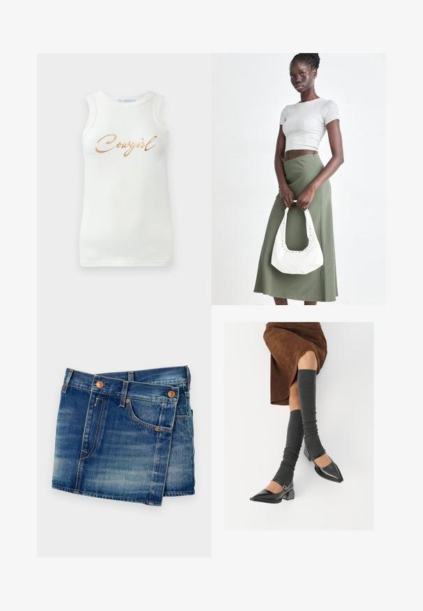 Valkoinen ilmanhihoja ribbinen toppi, jossa on kultainen metallinen teksti "Cowgirl" rinnan kohdalla, esillä yksinkertaisella taustalla.; Farkkushortsit keskimäisessä sinisessä sävyssä, joissa on haalistunut pesu. Varustettu kuparin värisillä napilla, viiden taskun suunnittelulla ja kontrastivärillä ompeluyksityiskohdilla.; Musta lakattu nahkakengät teräväkärkisillä, leveällä kantapäällä ja nilkkahihnalla, yhdistettynä harmaisiin ribattuihin säärystimiin ja ruskeaan mokkasiinimekkoon.; Harmaa ribbattu crop-top ja oliivinvihreä korkeavyötäröinen hame. Malli pitää valkoista olkalaukkua, jossa on leikattu yksityiskohtia. Yksinkertainen muotoilu, vartalonmyötäinen siluetti.