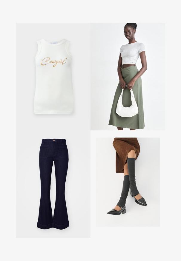 Top de tirantes sin mangas de color blanco con un texto metálico dorado que dice "Cowgirl" en el pecho, mostrado sobre un fondo liso.; Vaqueros de mezclilla oscuros de corte acampanado con una cintura alta, dos bolsillos traseros y costuras decorativas a lo largo de las costuras y el dobladillo.; Zapatos de charol negros con punta afilada, tacón bloque y tira de tobillo, combinados con calentadores de piernas de canalé grises y una falda de ante marrón.; Top corto de canalé gris y falda de tiro alto verde oliva. La modelo sostiene un bolso de hombro blanco con detalles recortados. Diseño simple, silueta ajustada.