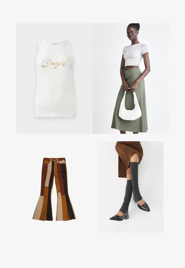 Hvit ermeløs ribbestrikket tank topp med gullmetallisk skrift som sier "Cowgirl" på brystet, vist på en ensfarget bakgrunn.; Fløyelsbukser med bred nederkant og vertikale striper i brunt, beige og sennep. Distinkt design med høy midje og fem lommer.; Sorte lakkpumps med spiss tå, blokkhel, og ankelstropp, kombinert med grå ribbestrikkede beinvarmere og et brunt semsket skinn skjørt.; Grå ribbet topp og olivengrønn høy midje skjørt. Modellen holder en hvit skulderveske med utskjæringsdetaljer. Enkelt design, tettsittende silhuett.