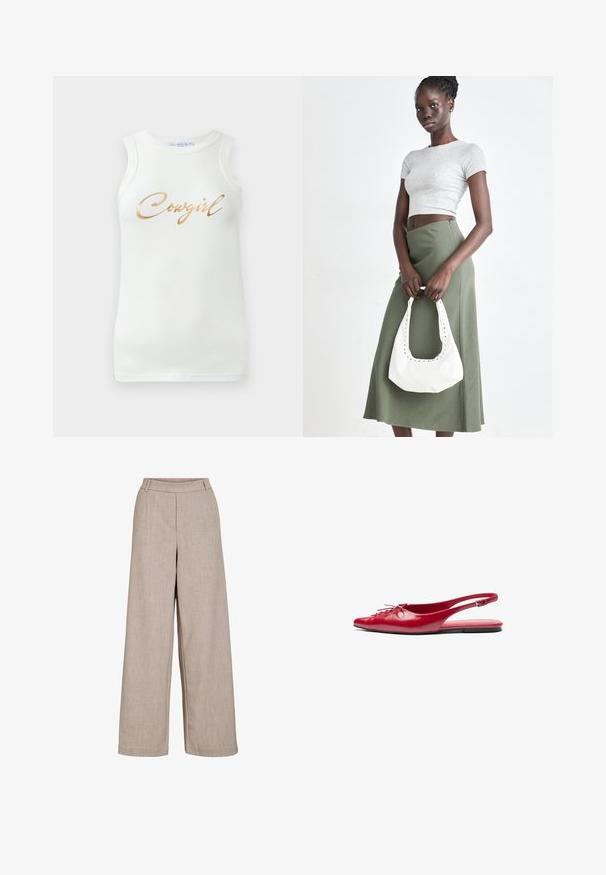 Biała bezrękawnikowa bluzka o prążkowanej strukturze z złotym metalicznym napisem "Cowgirl" na piersi, wyeksponowana na jednolitym tle.; Beżowe spodnie szerokie wykonane z lekkiego materiału. Charakteryzują się gładką fakturą, dopasowaną talią oraz bocznymi kieszeniami dla funkcjonalności.; Czerwone skórzane buty typu slingback z płaską podeszwą i spiczastym noskiem, z ozdobnym sznurówką z przodu, posiadające wąski pasek na kostkę.; Szary prążkowany crop top i oliwkowa spódnica o wysokim stanie. Modelka trzyma białą torebkę na ramię z wycięciami. Prosty design, dopasowany krój.