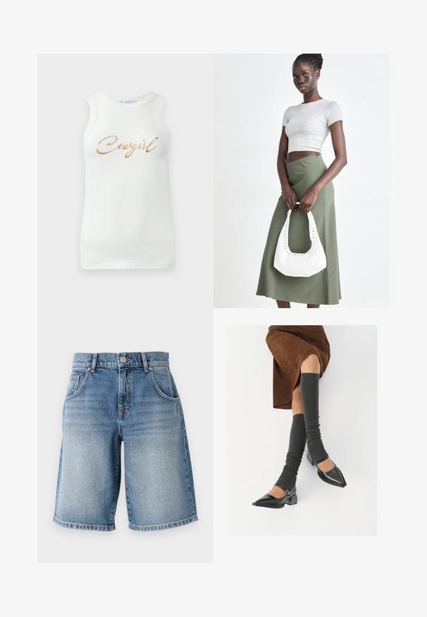 Biela bezrukávová rebrovaná tielko so zlatým metalickým nápisom "Cowgirl" cez hruď, vystavená na jednoduchom pozadí.; Džínové šortky v svetlomodrej farbe so strihem rovného strihu, piatimi vreckami a bronzovými doplnkami. Majú roztřepený lem a umývanú textúru.; Čierne lakované kožené topánky s špicatou špičkou, blokovým podpätkom a členkovým remienkom, ktoré sú kombinované so šedými rebrovanými legínami a hnedou zamšovou sukňou.; Sivý pruhovaný crop top a olivovo zelená sukňa s vysokým pásom. Model drží bielu ramennú tašku s vyrezávanými detailmi. Jednoduchý dizajn, priliehavý strih.