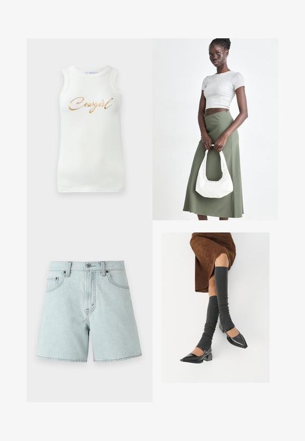 Camisola sem mangas branca, com ribas, com um texto metálico em dourado a dizer "Cowgirl" no peito, exibida sobre um fundo simples.; Calções de ganga azul claro com um corte alto, apresentando dois bolsos frontais, um fecho de botão e detalhes de costura laterais.; Sapatos pretos de pele lacada com biqueira pontuda, salto bloco e tiras no tornozelo, combinados com caneleiras cinzas em malha e uma saia de camurça castanha.; Top cropped cinza em ribas e saia de cintura alta verde-azeitona. Modelo segura uma bolsa branca de ombro com detalhes recortados. Design simples, silhueta justa.