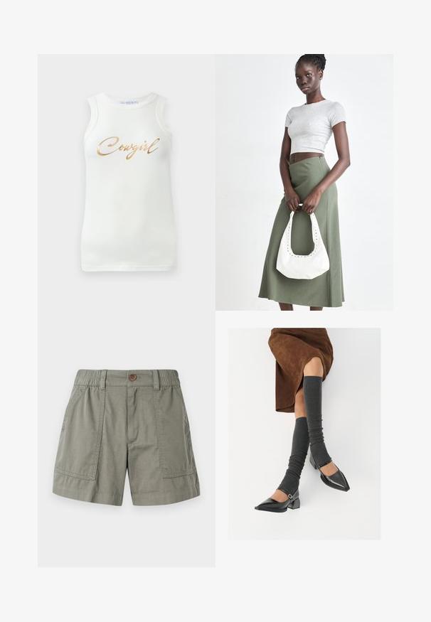 Weißes ärmelloses rippenstrick Tanktop mit goldener metallischer Schrift "Cowgirl" auf der Brust, präsentiert vor einem schlichten Hintergrund.; Helle olivgrüne Shorts aus einem Baumwollmischgewebe, mit einem elastischen Bund, Fronttaschen und einem einzigen Knopfverschluss.; Schwarze lacklederne spitze Schuhe mit Blockabsatz und Knöchelriemen, kombiniert mit grauen gerippten Beinstulpen und einem braunen Wildlederrock.; Grauer gerippter Croptop und olivgrüner Rock mit hoher Taille. Das Modell hält eine weiße Schultertasche mit Ausschnittdetails. Schlichte Gestaltung, taillierte Silhouette.