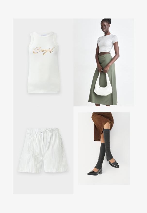 Hvit ermeløs ribbestrikket tank topp med gullmetallisk skrift som sier "Cowgirl" på brystet, vist på en ensfarget bakgrunn.; Herreshorts laget av lett materiale, med vertikale striper i lyseblått og hvitt, med elastisk midje og snor.; Sorte lakkpumps med spiss tå, blokkhel, og ankelstropp, kombinert med grå ribbestrikkede beinvarmere og et brunt semsket skinn skjørt.; Grå ribbet topp og olivengrønn høy midje skjørt. Modellen holder en hvit skulderveske med utskjæringsdetaljer. Enkelt design, tettsittende silhuett.