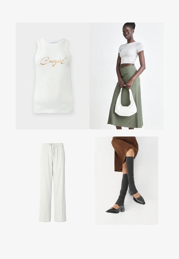 Biała bezrękawnikowa bluzka o prążkowanej strukturze z złotym metalicznym napisem "Cowgirl" na piersi, wyeksponowana na jednolitym tle.; Jasnoszare spodnie dresowe z luźnym krojem, prążkowaną fakturą, elastycznym paskiem w talii i regulowanym sznurkiem. Długość pełna i gładki materiał.; Czarne lakierowane buty na szpilce z prostokątnym obcasem i paskiem na kostce, zestawione z szarymi prążkowanymi ocieplaczami na nogi oraz brązową zamszową spódnicą.; Szary prążkowany crop top i oliwkowa spódnica o wysokim stanie. Modelka trzyma białą torebkę na ramię z wycięciami. Prosty design, dopasowany krój.
