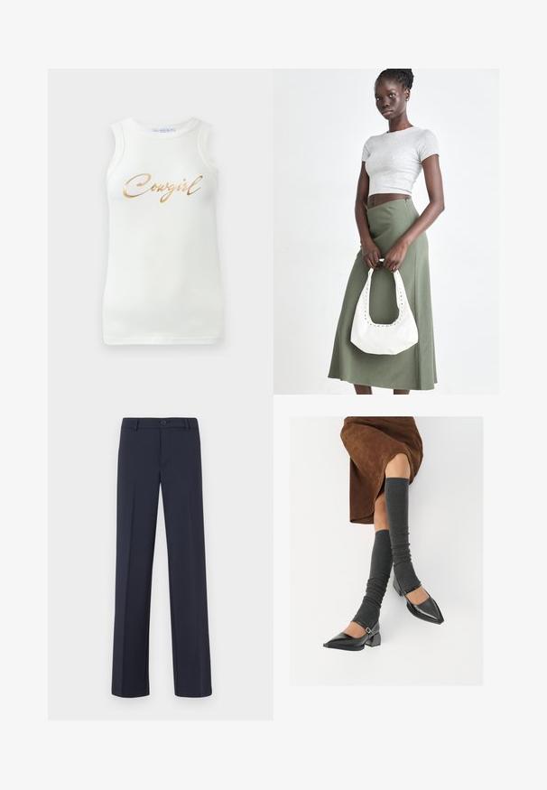 Fehér ujjatlan bordázott top arany fémes felirattal, amelyen az áll "Cowgirl" a mellrészen, egyszerű háttér előtt.; Kék tengerész stílusú, egyenes szabású nadrág sima anyagból. Elől gombos záródás és oldalzsebek találhatók rajta. Egyszerű és modern design.; Fekete lakk bőrből készült, hegyes orrú cipők, tömbsarkúakkal és bokapánttal, szürke bordás lábszármelegítőkkel és barna velúr szoknyával párosítva.; Szürke bordázott cropped top és olajzöld, magas derékú szoknya. A modellen egy fehér válltáska van, amely kivágott részletekkel rendelkezik. Egyszerű dizájn, testhezálló sziluett.