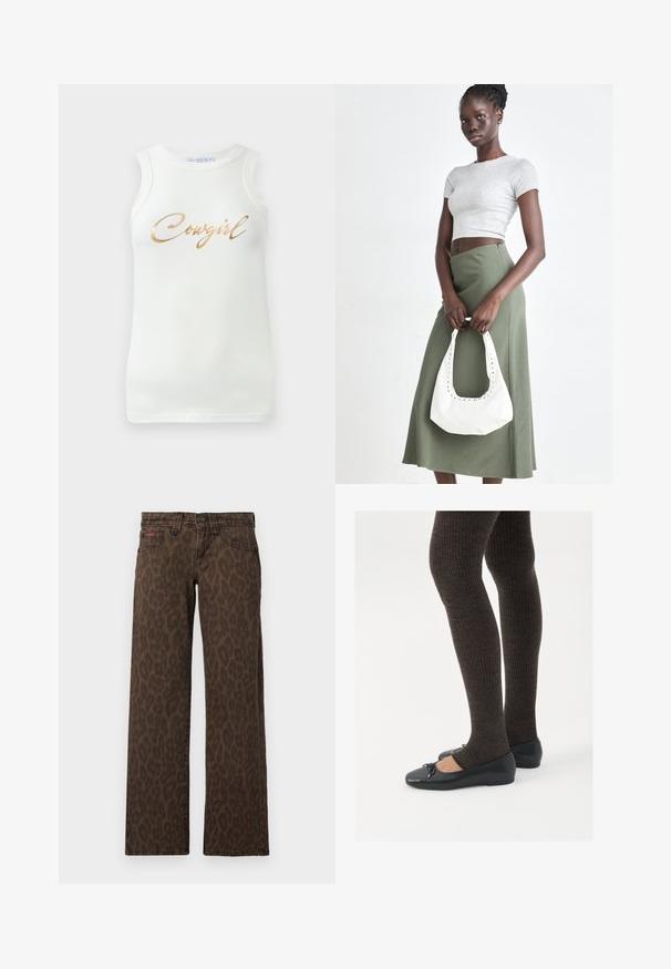 Balta bez piedurknēm ribota krekla augša ar zelta metālisku uzrakstu "Cowgirl" uz krūšu daļas, attēlota uz vienkārša fona.; Brūnas leopardu raksta džinsu bikses ar taisnu kāju dizainu, ar pogas aizdari un smalku sarkano zīmolu priekšpusē. Mīksta denima tekstūra.; Melnas plakano formas kurpes ar mazu loku uz pirksta, apvienotas ar tumši brūnām ribotām zeķubiksēm. Kurpēm ir gluda tekstūra un zems profils.; Pelēks ribots īsais tops un olīvzaļš augstās vidukļa svārki. Modelis tur baltu plecu somu ar izgriezumiem. Vienkāršs dizains, pieguloša silueta.