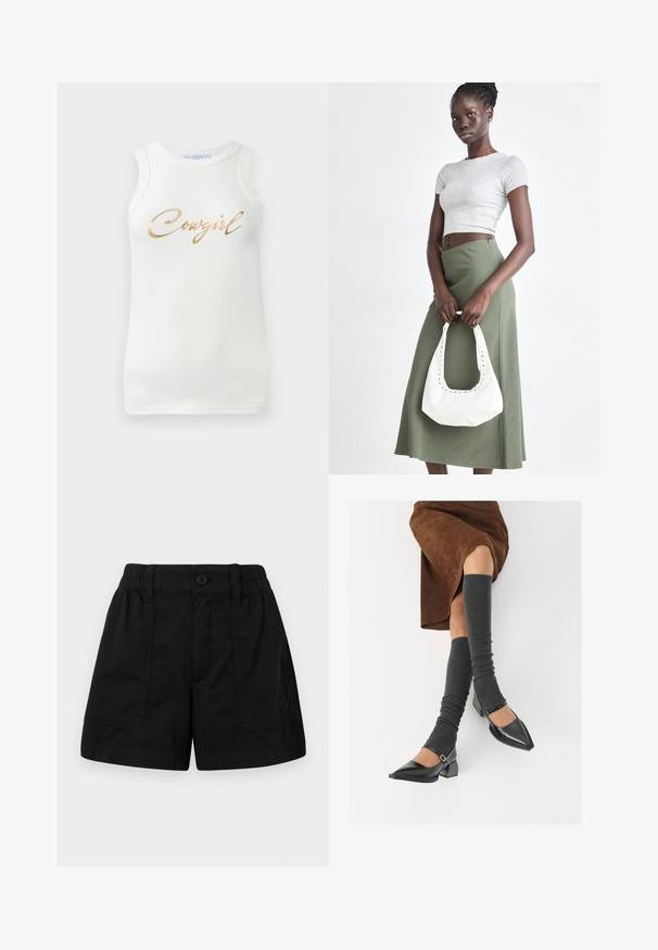 Valge ilma varrukateta ribane tank top, millel on kuldne metalliline kiri "Cowgirl" rinna peal, esitletud ühetoonilisel taustal.; Mustra mustrid mustriga elastse vöökoha ja nupuv closing'ga mustad puuvillased shorts, millel on kaks eesmise taskut ja sirge lõige. Sile tekstuur.; Mustad patsaline odav värviga kingad, millel on kreen ja pahkluuring, on paaritatud hallide ribakudumitega sääremiidega ja pruunist nahast seelikuga.; Hallid hall pitsakene ja oliiviroheline kõrge vöökohtadega seelik. Mudel hoiab käes valget õlakotit, millel on lõikega detailid. Lihtne disain, vormiline siluett.