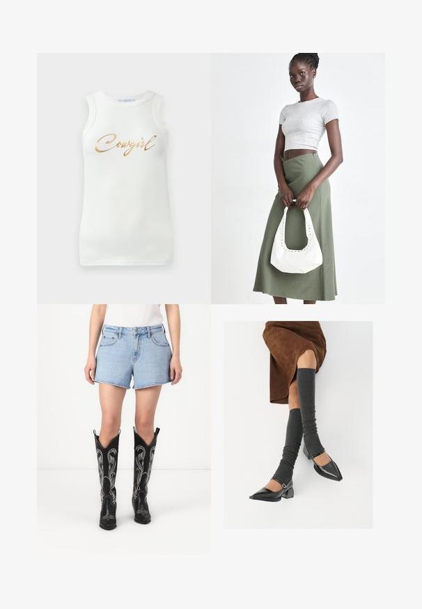 White sleeveless ribbed tank top with gold metallic script reading "Cowgirl" across the chest, displayed on a plain background.; Blue denim shorts with a classic cut, paired with black leather cowboy boots featuring white embroidered patterns and pointed toes.; Black patent leather pointed-toe shoes with a block heel and ankle strap, paired with gray ribbed leg warmers and a brown suede skirt.; Gray ribbed crop top and olive green high-waisted skirt. Model holds a white shoulder bag with cut-out detailing. Simple design, fitted silhouette.