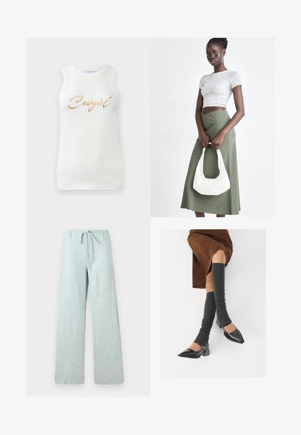 Biała bezrękawnikowa bluzka o prążkowanej strukturze z złotym metalicznym napisem "Cowgirl" na piersi, wyeksponowana na jednolitym tle.; Jasnozielone spodnie o szerokich nogawkach wykonane z teksturowanej tkaniny. Posiadają elastyczny pasek w talii oraz zapięcie na guzik, z pionowymi paskami na całej powierzchni.; Czarne lakierowane buty na szpilce z prostokątnym obcasem i paskiem na kostce, zestawione z szarymi prążkowanymi ocieplaczami na nogi oraz brązową zamszową spódnicą.; Szary prążkowany crop top i oliwkowa spódnica o wysokim stanie. Modelka trzyma białą torebkę na ramię z wycięciami. Prosty design, dopasowany krój.